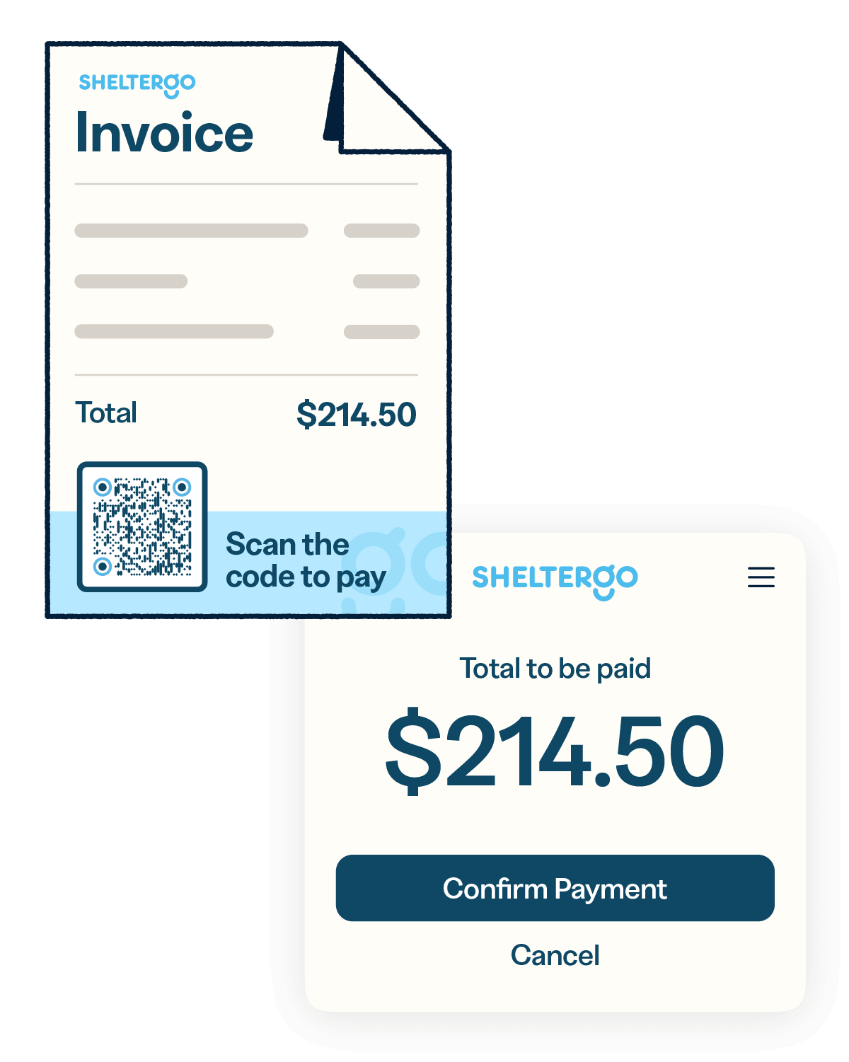 An invoice with a QR Code at the bottom and a confirm payment page