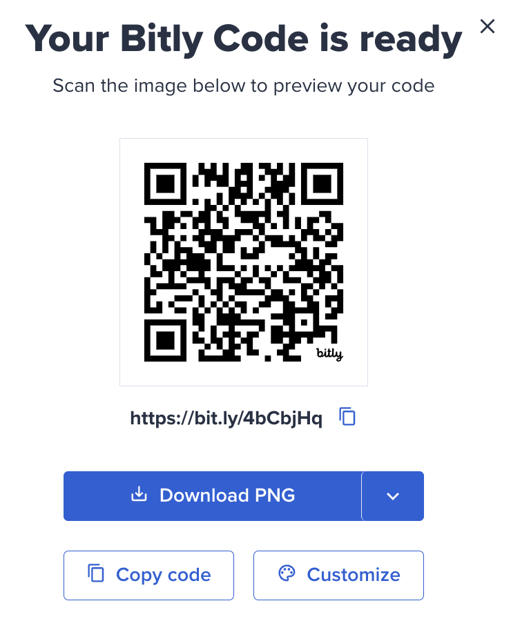 A screenshot showing what the completed QR Code looks like in the Bitly platform