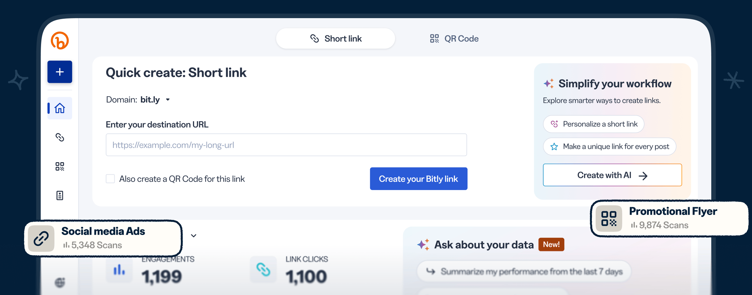 Bitly app dashboard with AI assistant