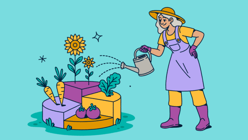 Illustration of a gardener wearing a hat and overalls watering a modular garden with different sections containing vegetables and flowers. The segmented garden plots represent data visualization concepts for analytics, data segmentation, and measuring growth through metrics.