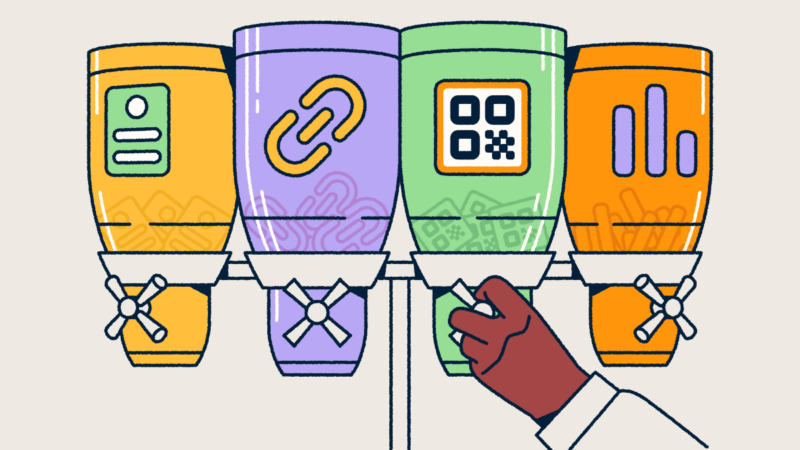 Four labeled dispensers representing Bitly's products—landing pages, short links, QR Codes, and analytics—with a hand selecting the QR Code option.
