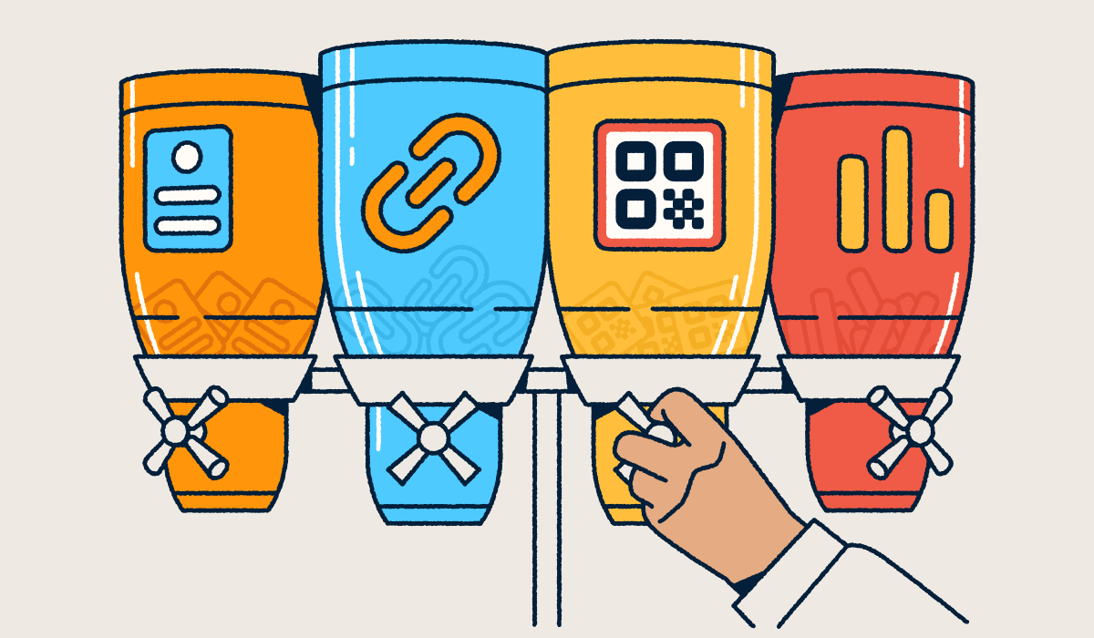 Four labeled dispensers representing Bitly's products—landing pages, short links, QR Codes, and analytics—with a hand selecting the QR Code option.