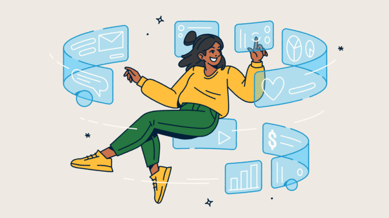 A woman floating in the air with screens swirling around her.