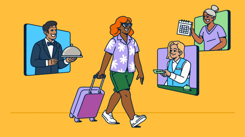 Illustration of a traveler in vacation attire pulling a suitcase while walking past digital screens showing hospitality services—a concierge with a covered dish, a hotel receptionist with a room key, and an event coordinator with a calendar. The image captures how digital tools connect guests with hospitality services throughout their journey.