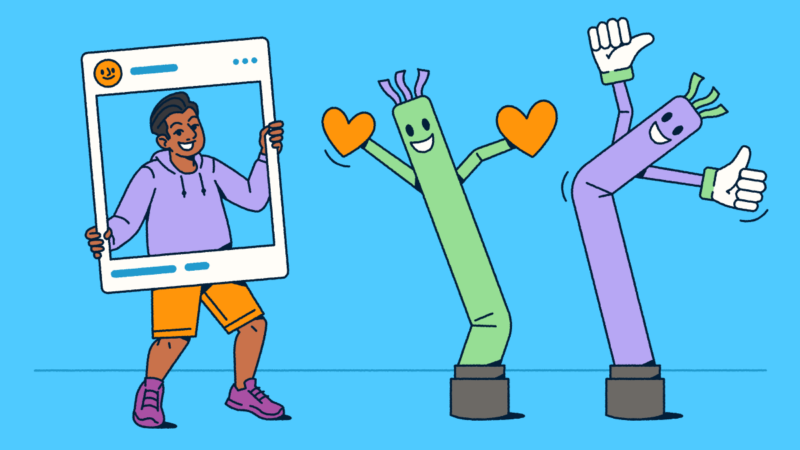 Engaging illustration of influencer marketing concept with a person holding a social media frame alongside animated inflatable tube characters with hearts and thumbs-up gestures, representing audience engagement, follower interactions, and the playful personality-driven nature of successful influencer campaigns.