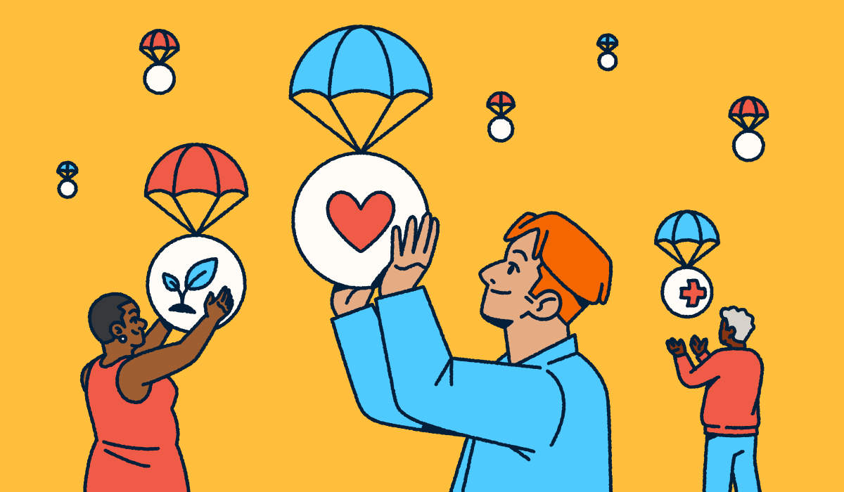 Diverse volunteers supporting nonprofit causes with parachuting icons representing healthcare, environmental sustainability, and compassionate community services.