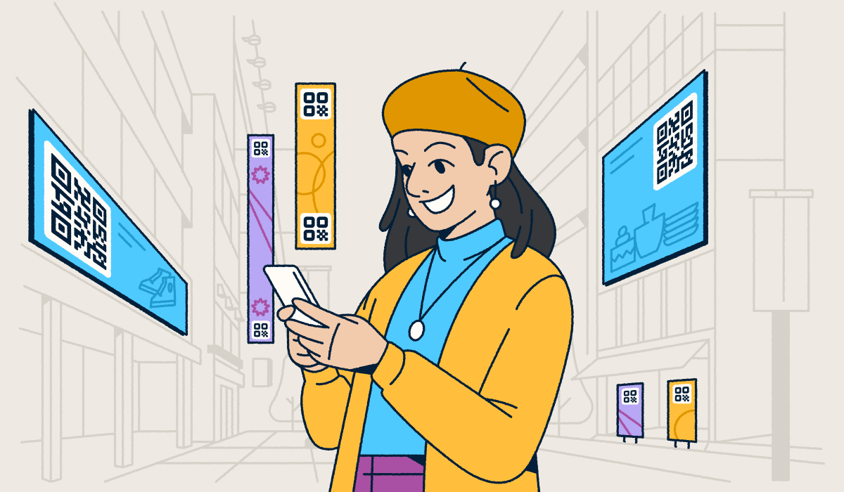 A woman standing in a city with digital advertisements featuring QR Codes around her. She's holding a smartphone in her hands.