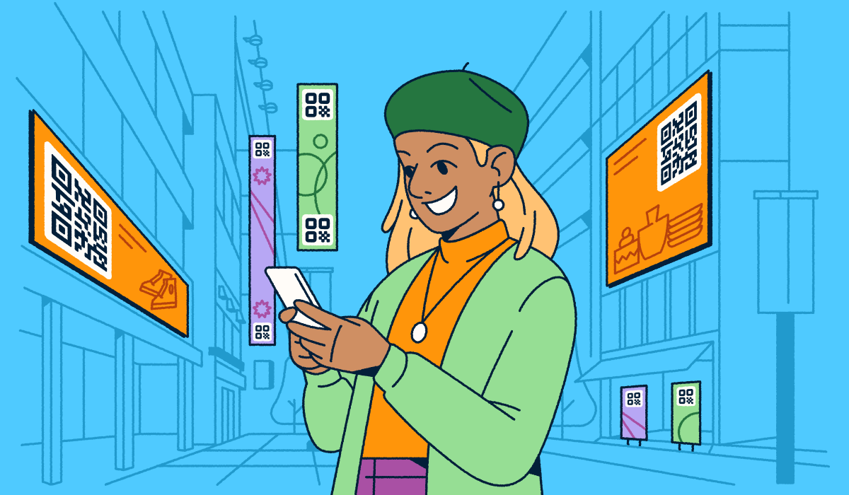 A woman standing in a city with digital advertisements featuring QR Codes around her. She's holding a smartphone in her hands.