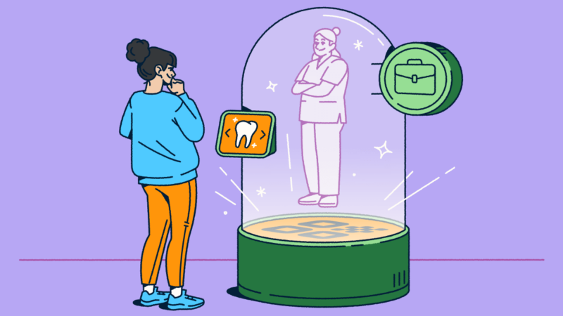 A person views a holographic figure inside a snow-globe-like container, emerging from a QR Code welcome mat. A screen allows the person to select a service.