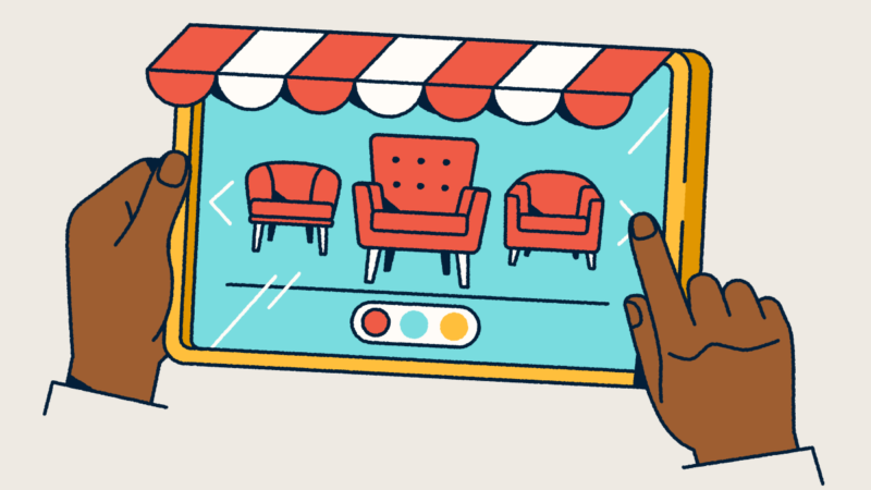 Hands holding a tablet that looks like a retail front with an awning. Furniture is displayed on the screen.