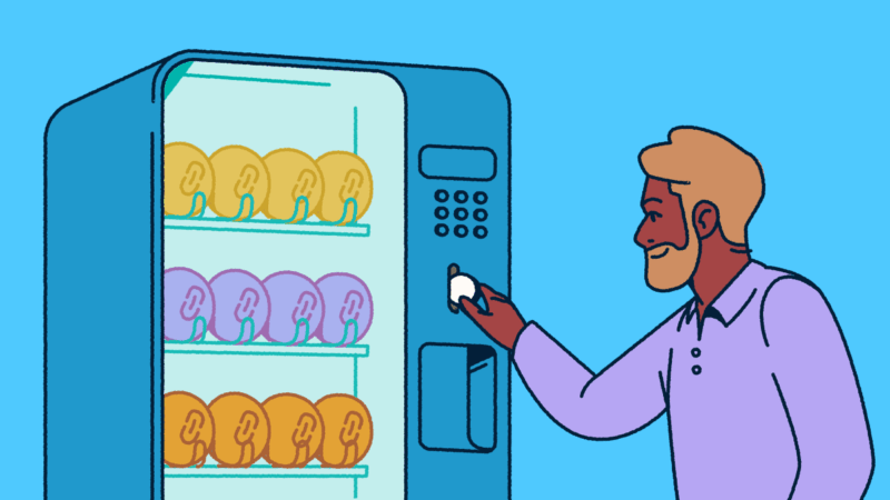 A man putting a coin into a vending machine full of various link shorteners.