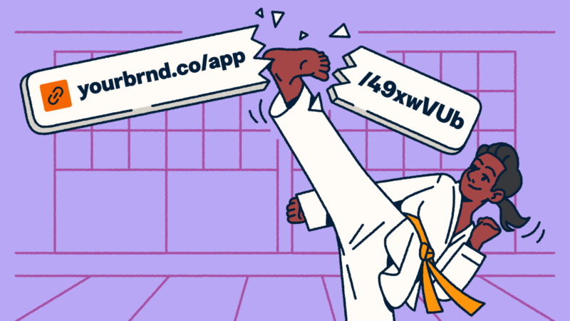 A martial artist breaking a long, generic URL with a high kick to reveal a custom branded short link.