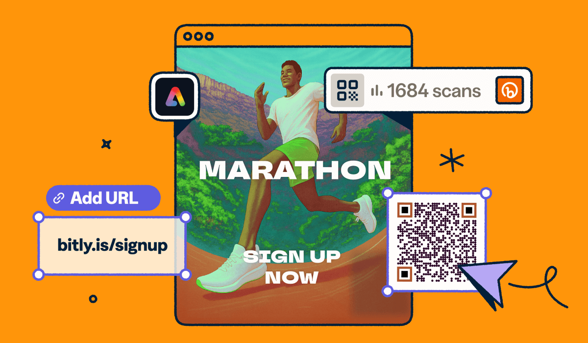 Illustration showing the power of combining Bitly and Adobe Express.