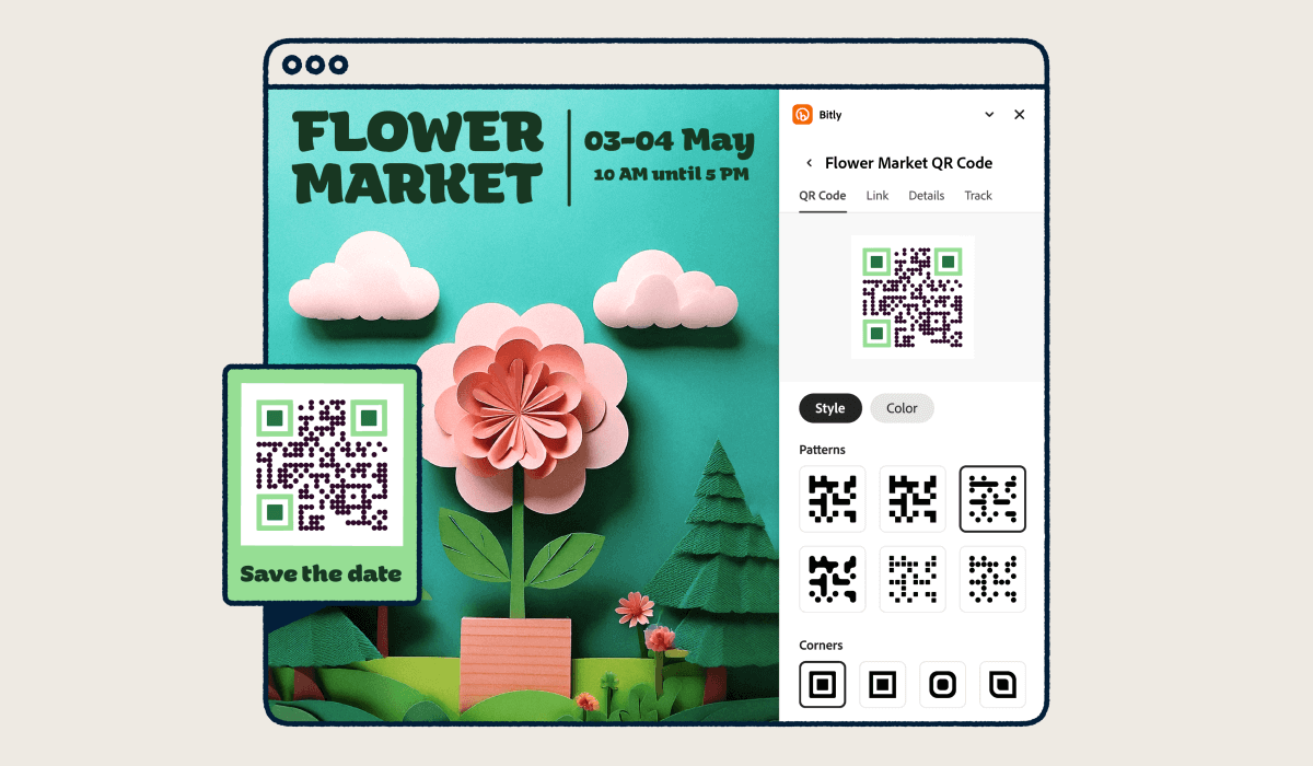 A digital mockup showing Adobe Express and Bitly integration featuring a crafted paper flower market poster with a QR Code customization panel, displaying pattern options, corner styles, and tracking features to optimize print-to-digital marketing campaigns.