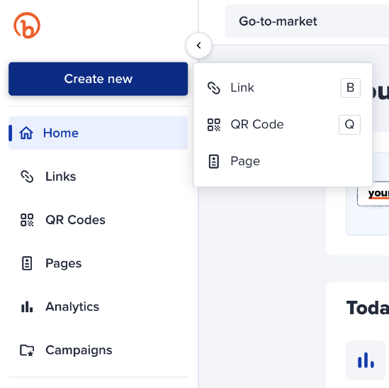 A screenshot of where to click on Create New to find the QR Code button in the dropdown 