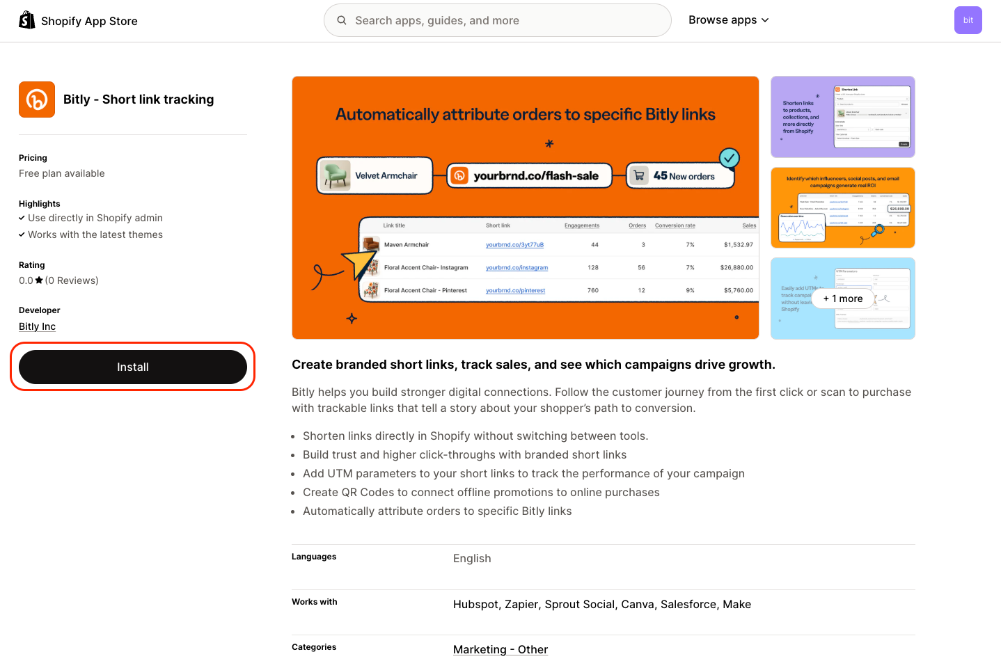 View within the Shopify app where you can connect your Bitly account. 