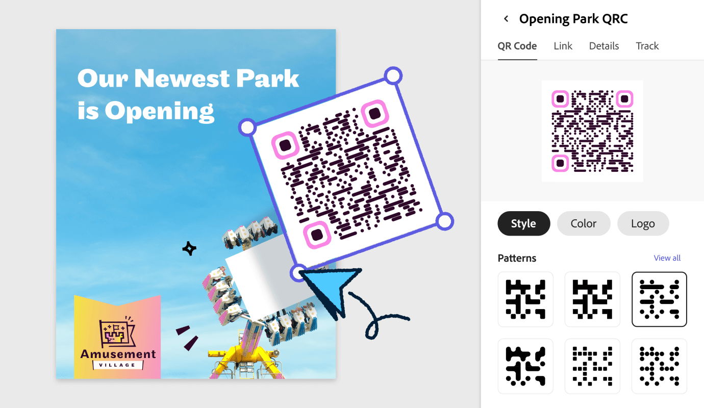 Adobe Express design with a Bitly QR Code being added showcasing the power of Bitly and Adobe Express combined.